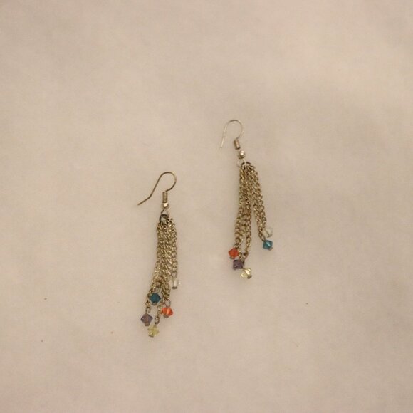 Jewelry - Dangle drop chain link earrings, rainbow colorful fun beads on chain ends